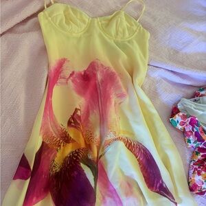 White Fox Boutique Yellow Mini Dress with Pink & Purple Floral Print